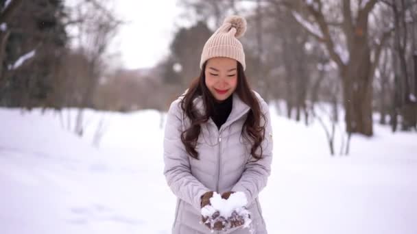 Кадри Красивої Азіатки Зимовій Куртці Дивиться Камеру Під Снігопадами — стокове відео