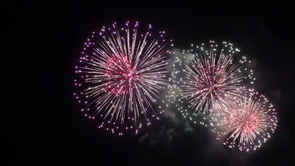 Imagens Perto Fogos Artifício Explodindo Céu Noturno — Vídeo de Stock