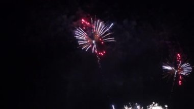 Gece gökyüzünde patlayan havai fişeklerin yakın çekim görüntüleri.