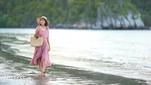 Imagens Bela Mulher Asiática Relaxante Praia Durante Férias Verão — Vídeo de Stock
