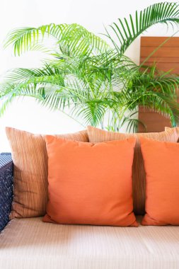 Oturma odasının iç tarafındaki kanepede rahat bir yastık.