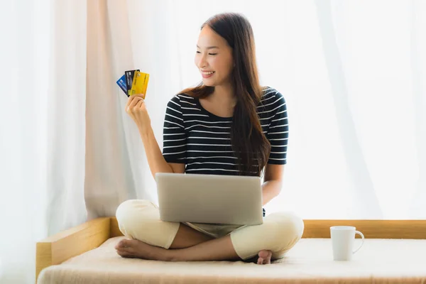 Portrait beautiful young asian woman using computer notebook or — Stock Photo, Image