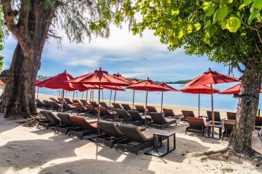 Şemsiye sandalye ile güzel açık tropikal plaj deniz Okyanusu