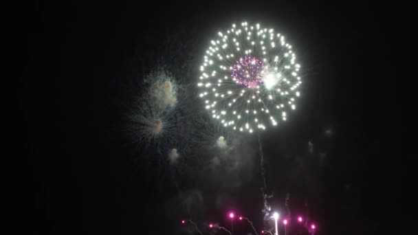 Nahaufnahmen Von Feuerwerk Das Nachthimmel Explodiert — Stockvideo