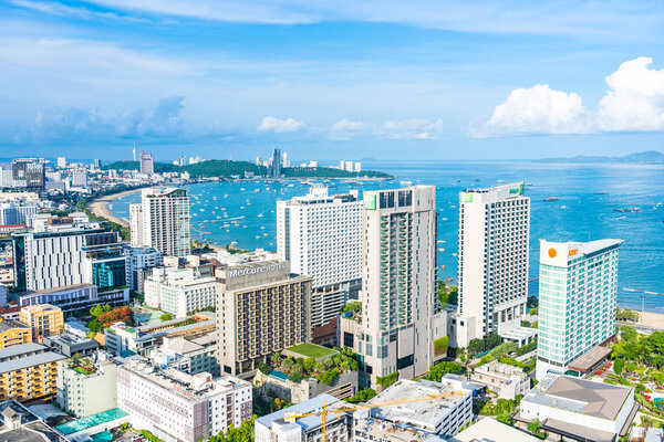 Pattaya Chonburi Thailand - 28 May 2019 : Beautiful landscape and cityscape of Pattaya city is popular destination in Thailand with white cloud and blue sky