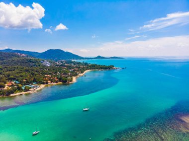Palmiye ve ot ile güzel tropikal plaj ve deniz havadan görünümü