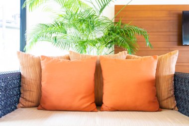 Oturma odasının iç tarafındaki kanepede rahat bir yastık.