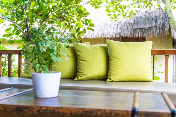 Vase plante sur la décoration de table avec oreiller sur chaise canapé — Photo
