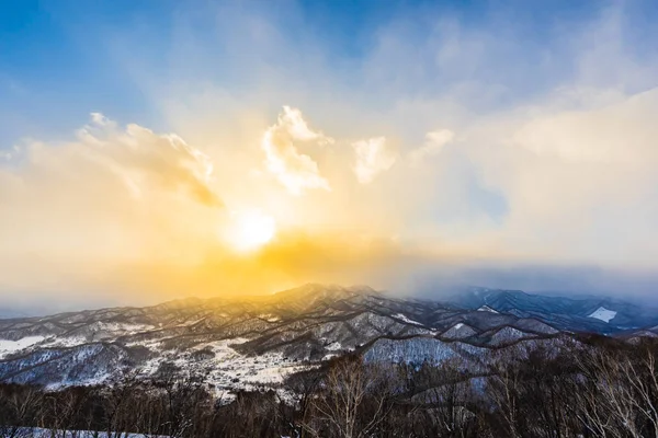 雪の冬の海での木の周りの山と美しい風景 — ストック写真