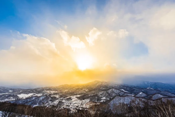 雪の冬の海での木の周りの山と美しい風景 — ストック写真