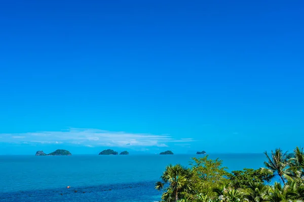 Wunderschönes tropisches Meer mit Kokospalmen am blauen Himmel — Stockfoto