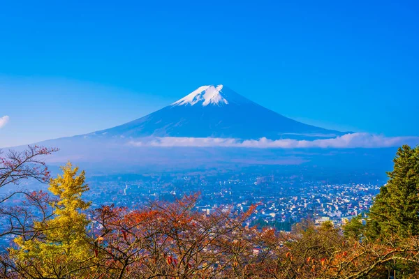 Bela paisagem de fuji de montanha em torno de árvore de folha de bordo em um — Fotografia de Stock