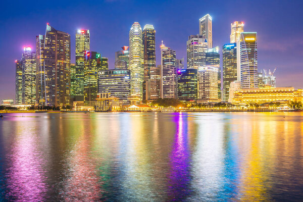 Singapore - 18 Jan 2019 : Beautiful architecture building landmark exterior in the city skyline at twilight and night time