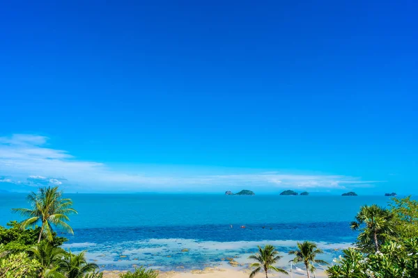 Beautiful tropical sea ocean with coconut palm tree on blue sky — Stock Photo, Image
