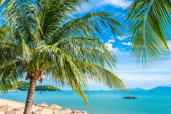 Hermosa playa tropical mar y océano con palmera de coco a — Foto de Stock