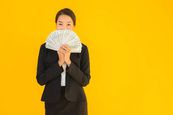Beautiful Portrait Young Asian Woman Lot Monet Cash Yellow Isolated — Stock Photo, Image