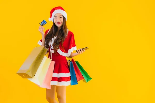 Portret Mooie Jonge Aziatische Vrouw Dragen Kerstmis Kleding Hoed Met — Stockfoto