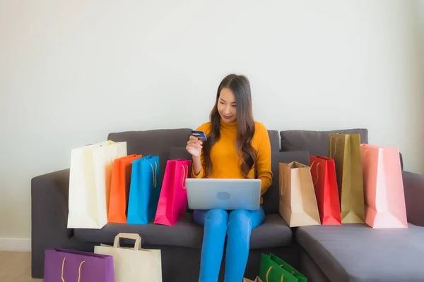 Portrait Young Asian Woman Using Laptop Computer Smart Mobile Phone — Stock Photo, Image