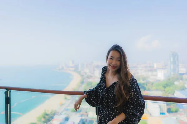 Portrait Beautiful Young Asian Woman Relax Happy Smile Balcony Pattaya — Stock Photo, Image