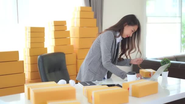 Footage Beautiful Asian Woman Working Laptop Surrounded Packages — Stock Video