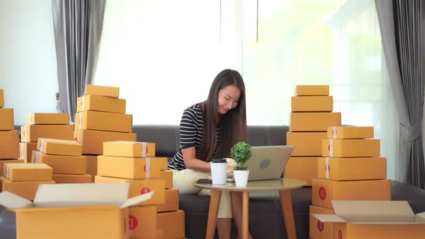 Záběry Krásné Asijské Ženy Pracující Notebookem Obklopený Balíčky — Stock video
