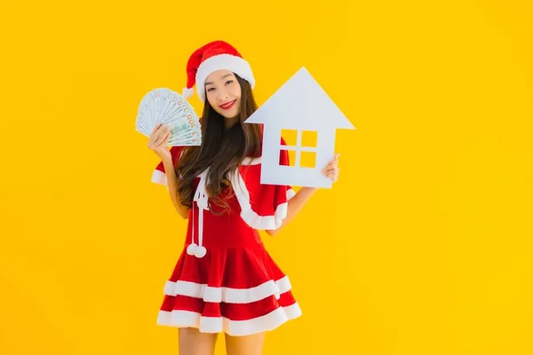 Retrato Bonito Jovem Asiático Mulher Desgaste Natal Roupas Chapéu Mostrar — Fotografia de Stock