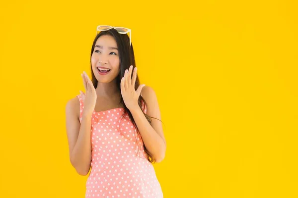 Portrait Beautiful Young Asian Woman Smile Happy Yellow Isolated Background — Stock Photo, Image