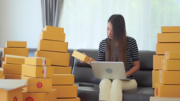 Evde Dizüstü Bilgisayar Paketlerle Çalışan Asyalı Güzel Bir Kadının Görüntüleri — Stok video