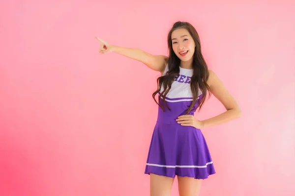 Portrait Beautiful Young Asian Woman Cheerleader Smile Happy Isolated Pink — Stock Photo, Image