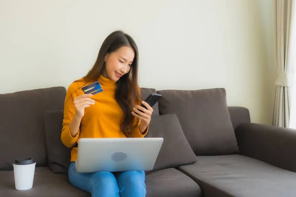 Portrait Young Asian Woman Using Laptop Computer Smart Mobile Phone — Stock Photo, Image