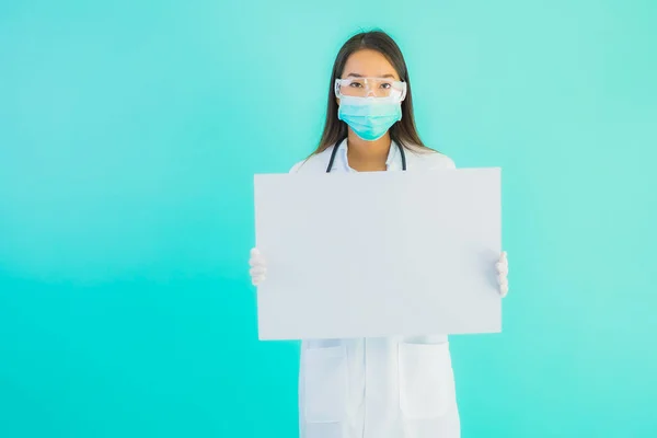 Πορτρέτο Όμορφη Νεαρή Ασιάτισσα Γιατρός Γυναίκα Άδειο Banner Κάρτα Μπλε — Φωτογραφία Αρχείου
