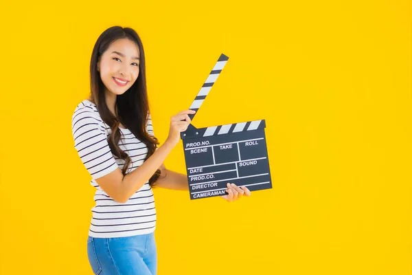 Portrait Beautiful Young Asian Woman Show Clapper Movie Board Yellow — Stock Photo, Image