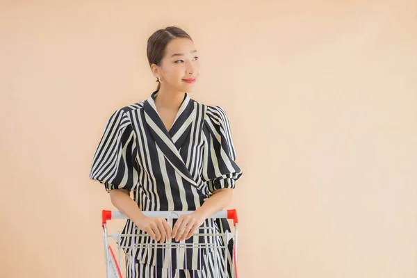 Retrato Hermosa Joven Asiática Mujer Con Carrito Compra Comestibles — Foto de Stock