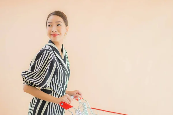 Retrato Hermosa Joven Asiática Mujer Con Carrito Compra Comestibles — Foto de Stock