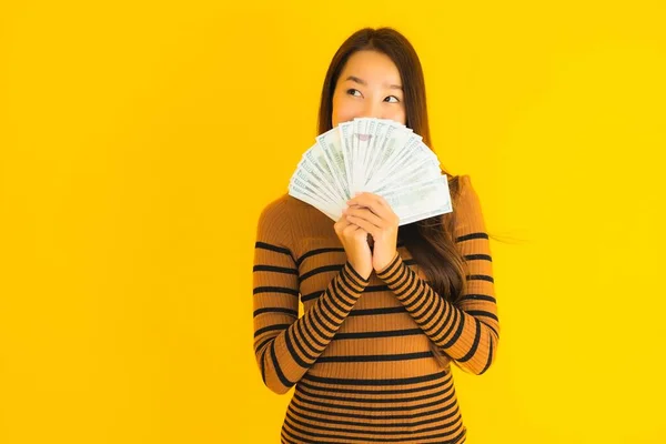 Portrait Beautiful Young Asian Woman Happy Smile Rich Lot Cash — Stock Photo, Image