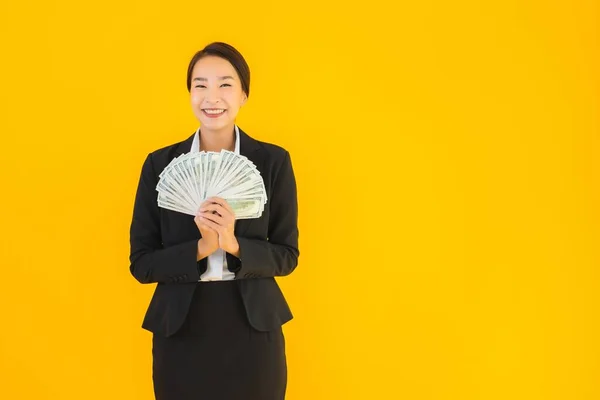 Retrato Bonito Jovem Mulher Asiática Com Monte Dinheiro Monet Amarelo — Fotografia de Stock