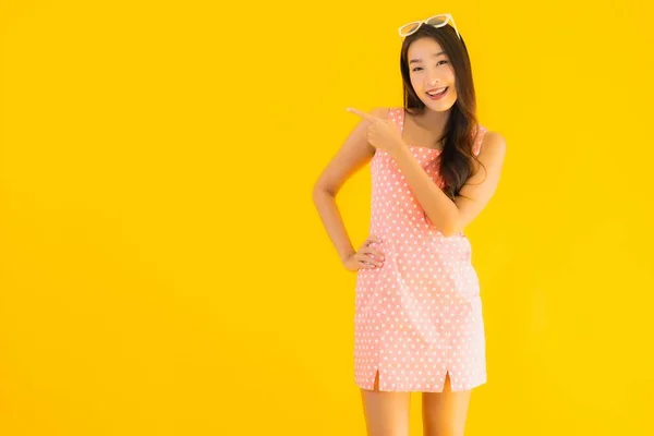 Portrait Beautiful Young Asian Woman Smile Happy Yellow Isolated Background — Stock Photo, Image