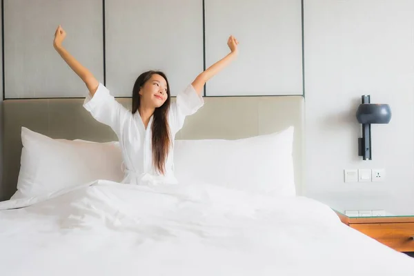 Portrait Beautiful Young Asian Woman Relax Happy Smile Bedroom Interior — Stock Photo, Image