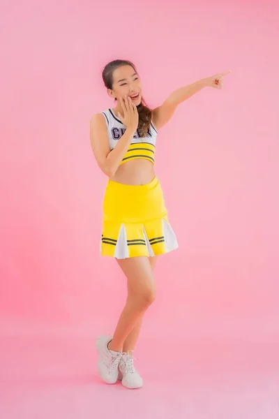 Portrait Beautiful Young Asian Woman Cheerleader Pink Isolated Background — Stock Photo, Image