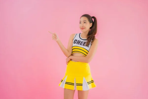 Portrait Beautiful Young Asian Woman Cheerleader Pink Isolated Background — Stock Photo, Image