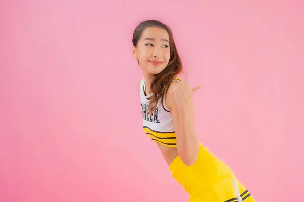 Portrait Beautiful Young Asian Woman Cheerleader Pink Isolated Background — Stock Photo, Image