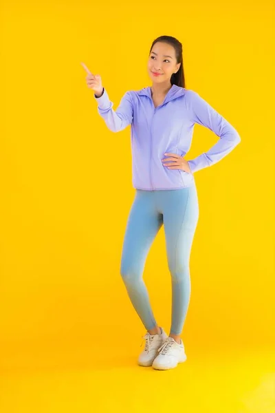 Portrait Beautiful Young Asian Sport Woman Sportwear Ready Exercise Yellow — Stock Photo, Image