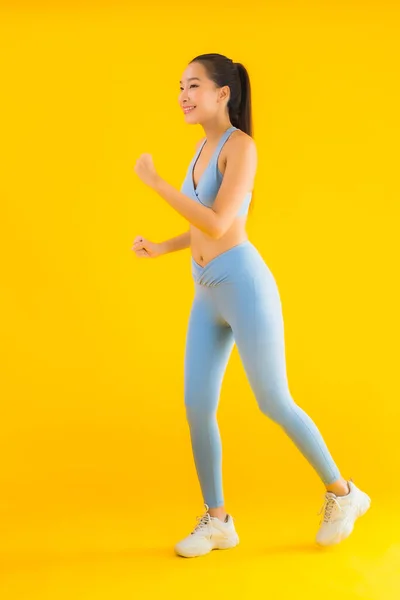 Portrait Beautiful Young Asian Sport Woman Sportwear Ready Exercise Yellow — Stock Photo, Image