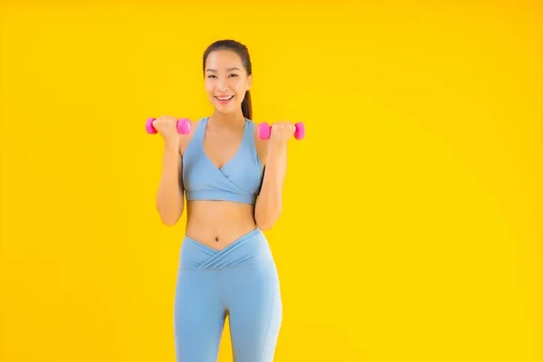 Retrato Bela Jovem Asiática Mulher Com Haltere Sportwear Pronto Para — Fotografia de Stock