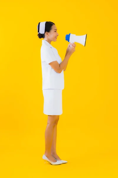 Portrait Beautiful Young Asian Woman Thai Nurse Megaphone Communicate Clinic — Stock Photo, Image