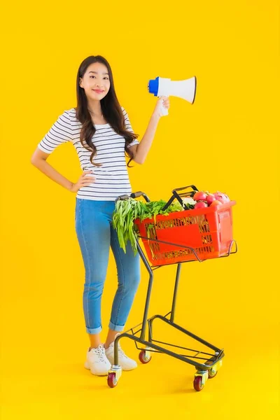 Retrato Bela Jovem Asiático Mulher Com Supermercado Cesta Carrinho Megafone — Fotografia de Stock