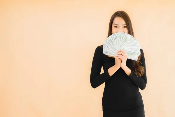 Portrait Beautiful Young Asian Woman Smile Happy Money Cash Color — Stock Photo, Image