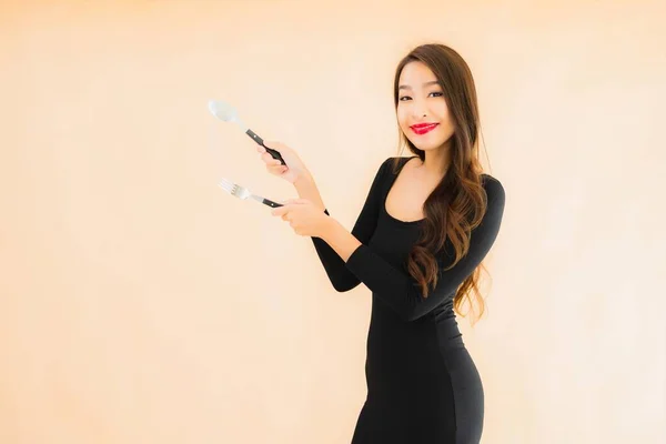 Portrait Belle Jeune Femme Asiatique Avec Cuillère Fourchette Prête Manger — Photo