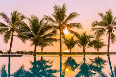 Güzel doğa, açık havuz çevresindeki palmiye ağaçları oteldeki tatil beldesinde, neredeyse deniz kıyısında.