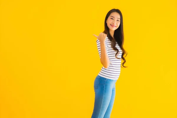 Portrait Beautiful Young Asian Woman Smile Happy Action Yellow Isolated — Stock Photo, Image